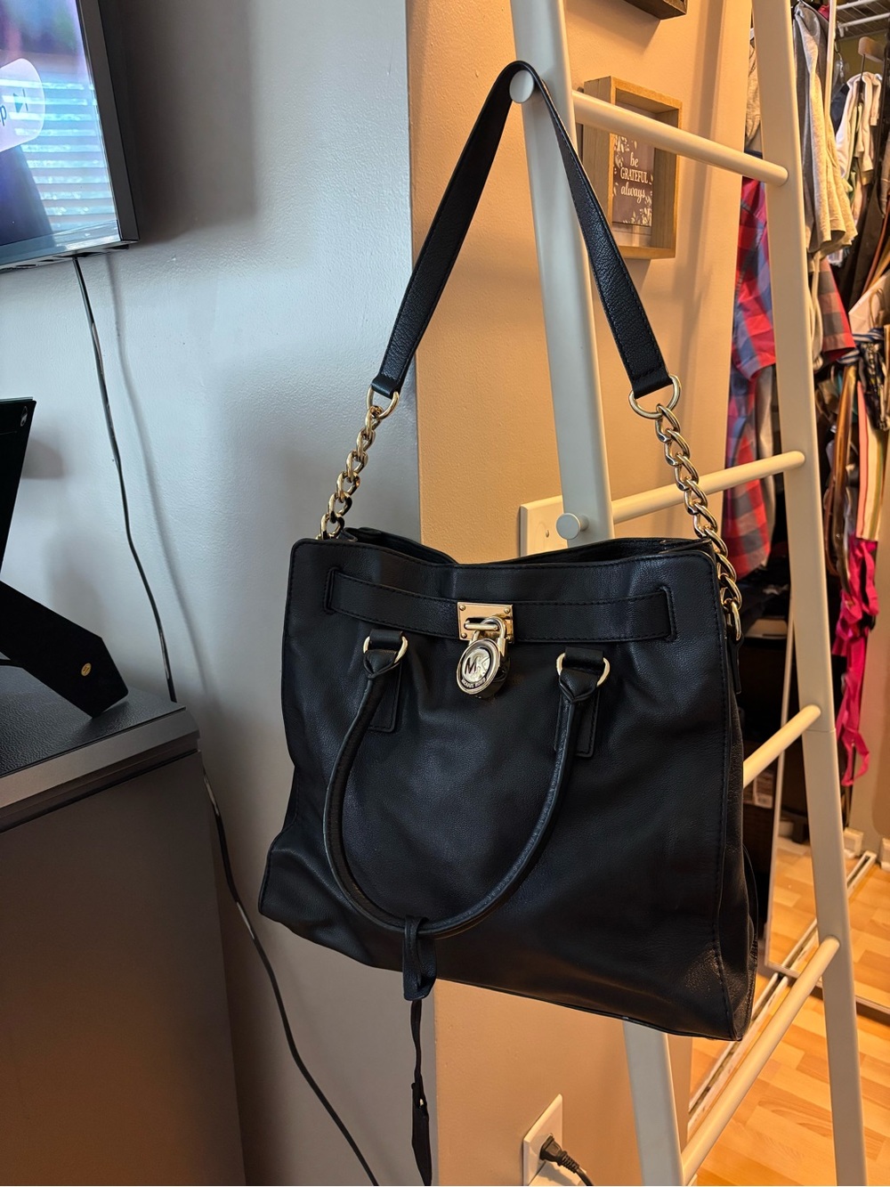 Michael Kors Black Leather Tote with Gold Chain Accents